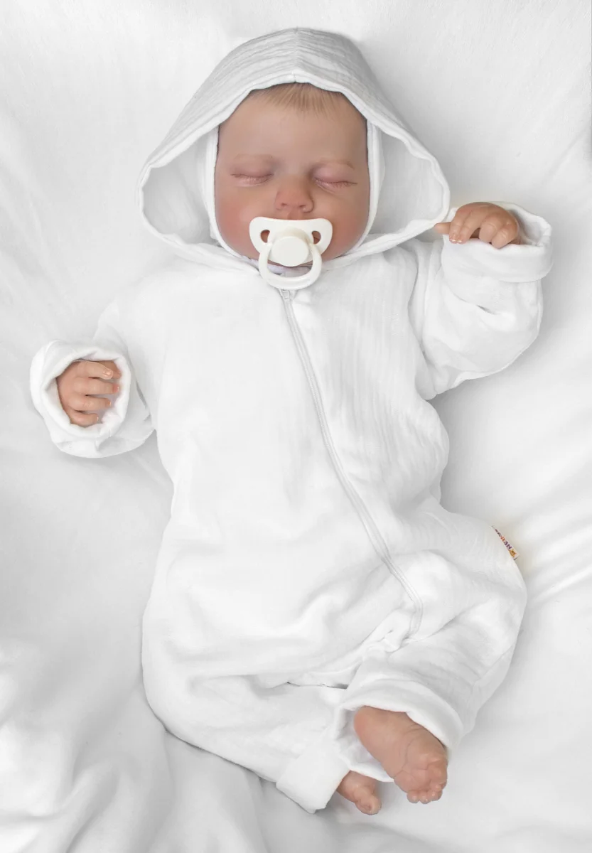 Baby Nellys Mušelinový overálek s kapucí, dvouvrstvý, Hand Made, bílý vel. 62