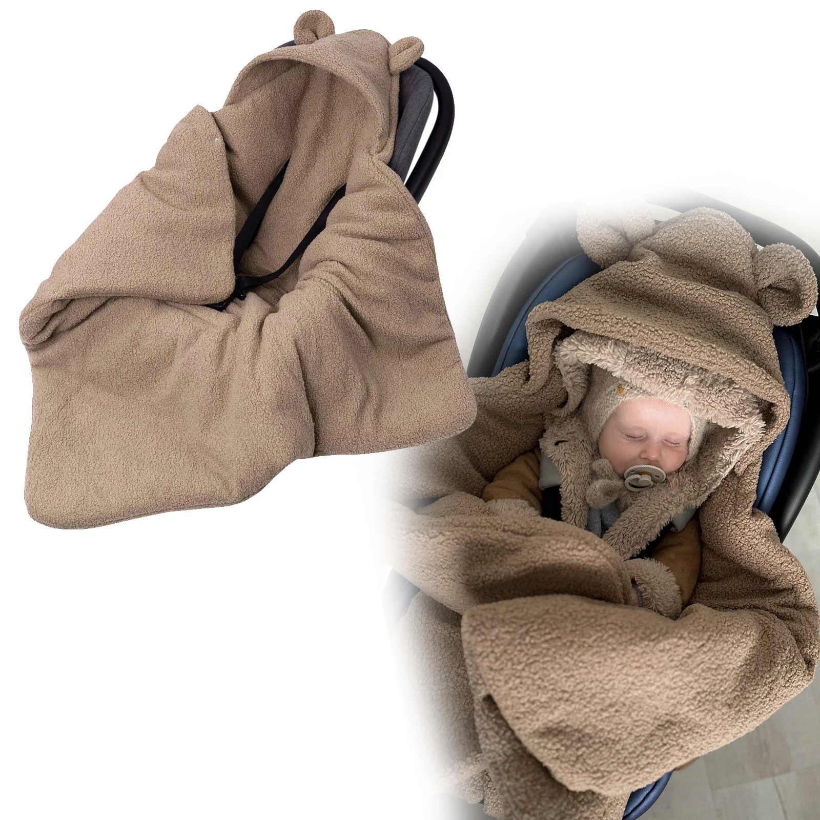 Baby Nellys Oteplený fusák, deka s kapucí do autosedačky Beránek- hnědý