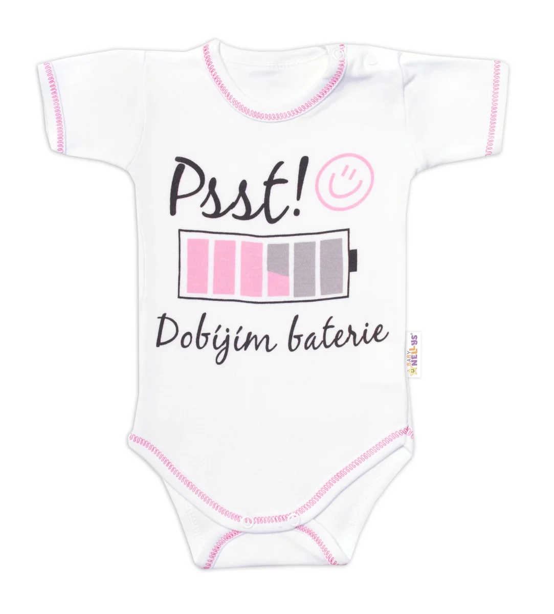 Baby Nellys Body krátký rukáv s vtipným textem, Psst! Dobíjím baterie, holka Vel. 86