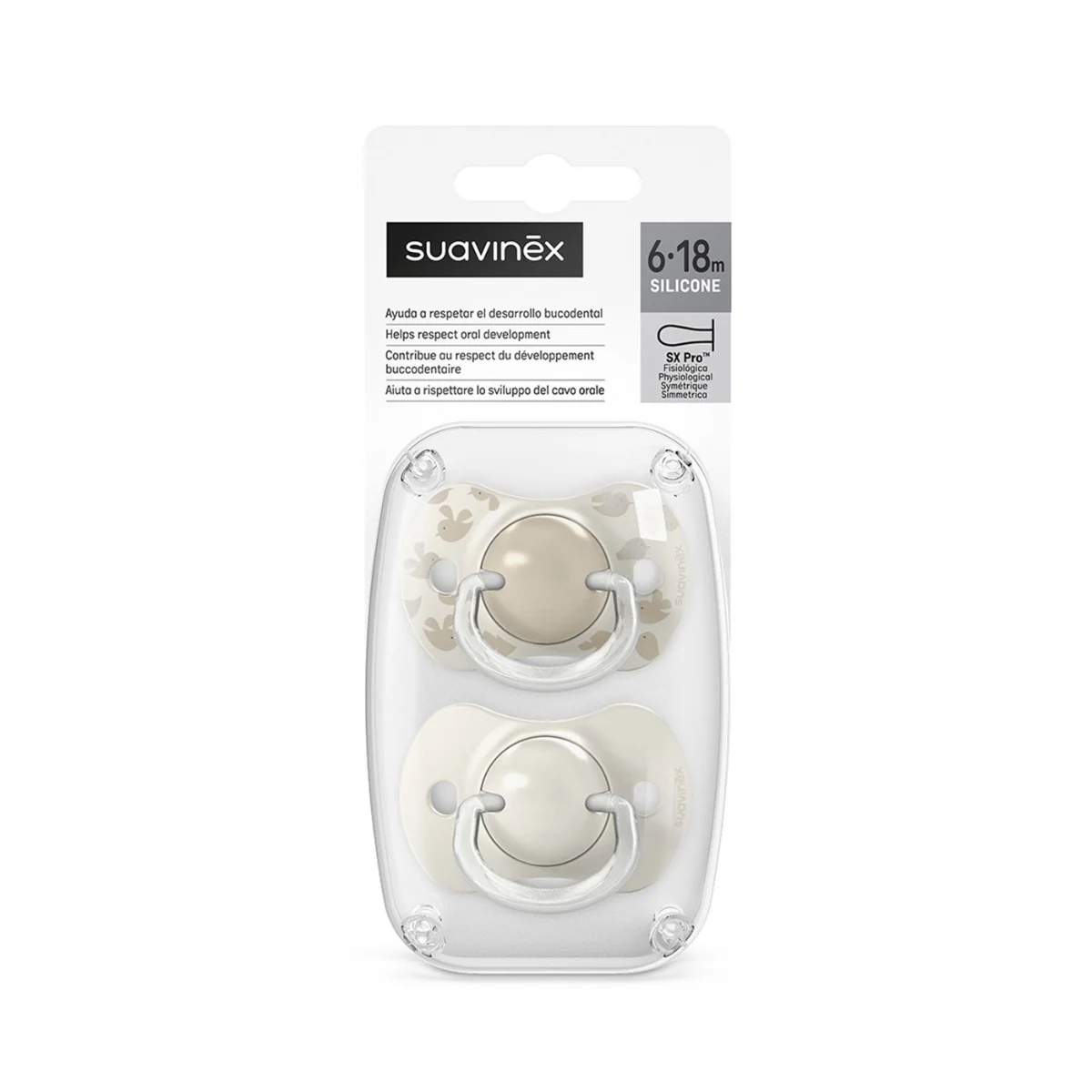 Suavinex Dudlík SX PRO fyziologický BIRDIES 6-18m 2 ks krémový