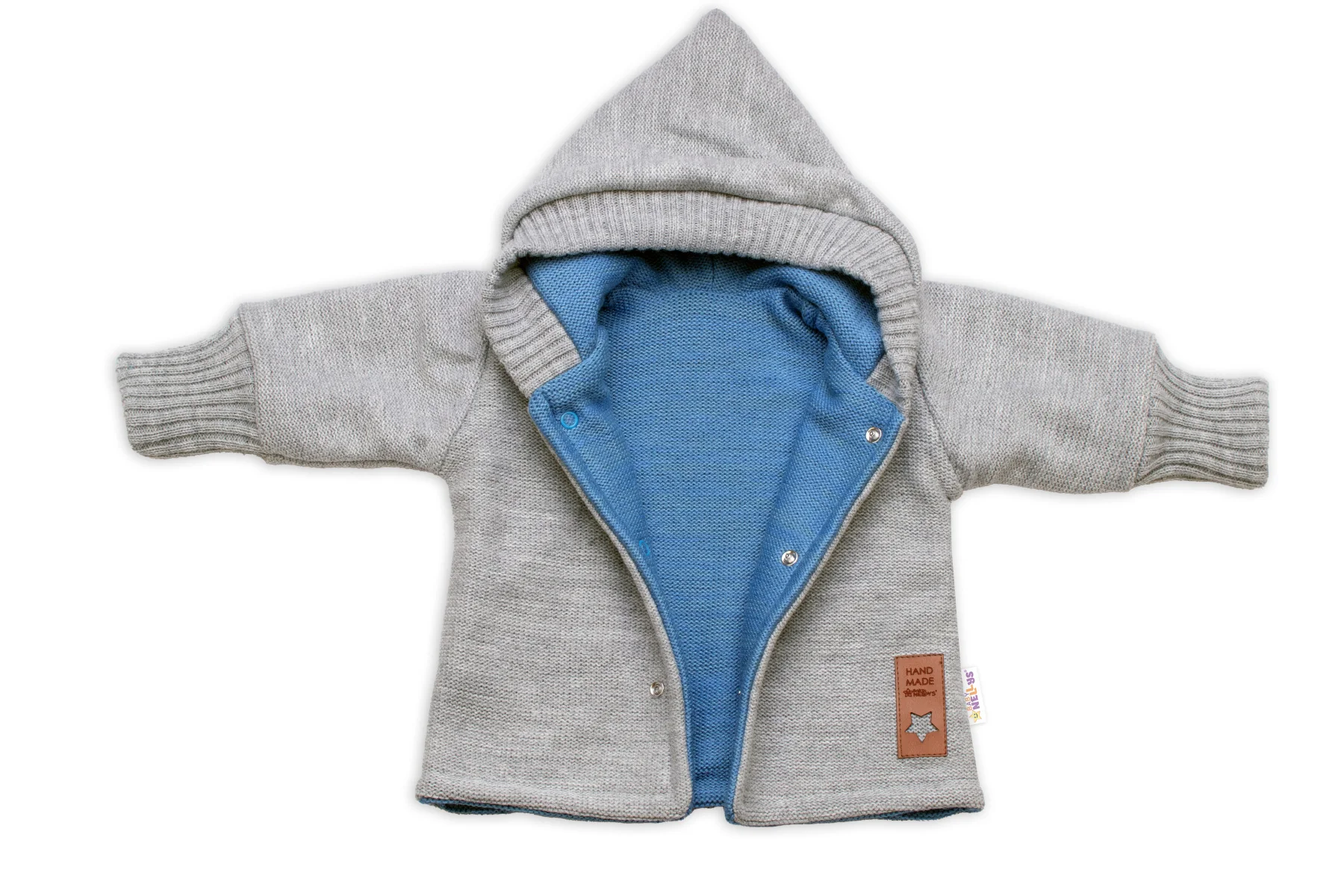 Baby Nellys Rostoucí oboustranný svetřík s kapucí Hand Made, modrá-šedá, vel. 80/86