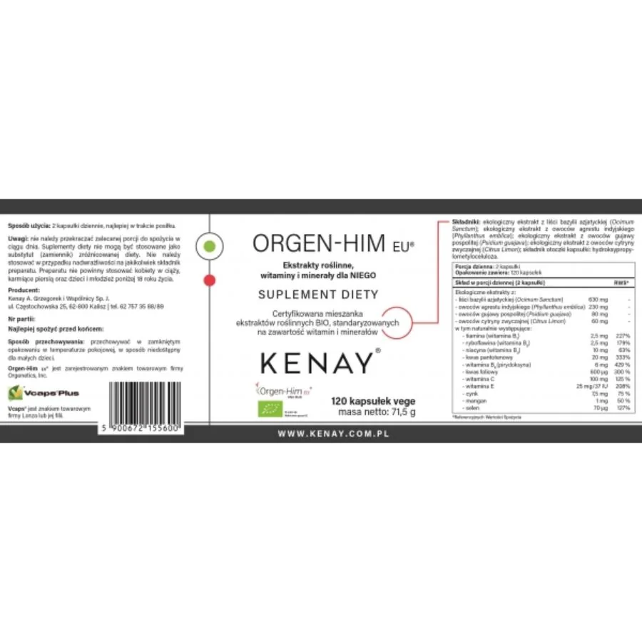 Kenay Orgen Him extrakty rostlinné vitaminy a minerály pro něj BIO 120 kapslí