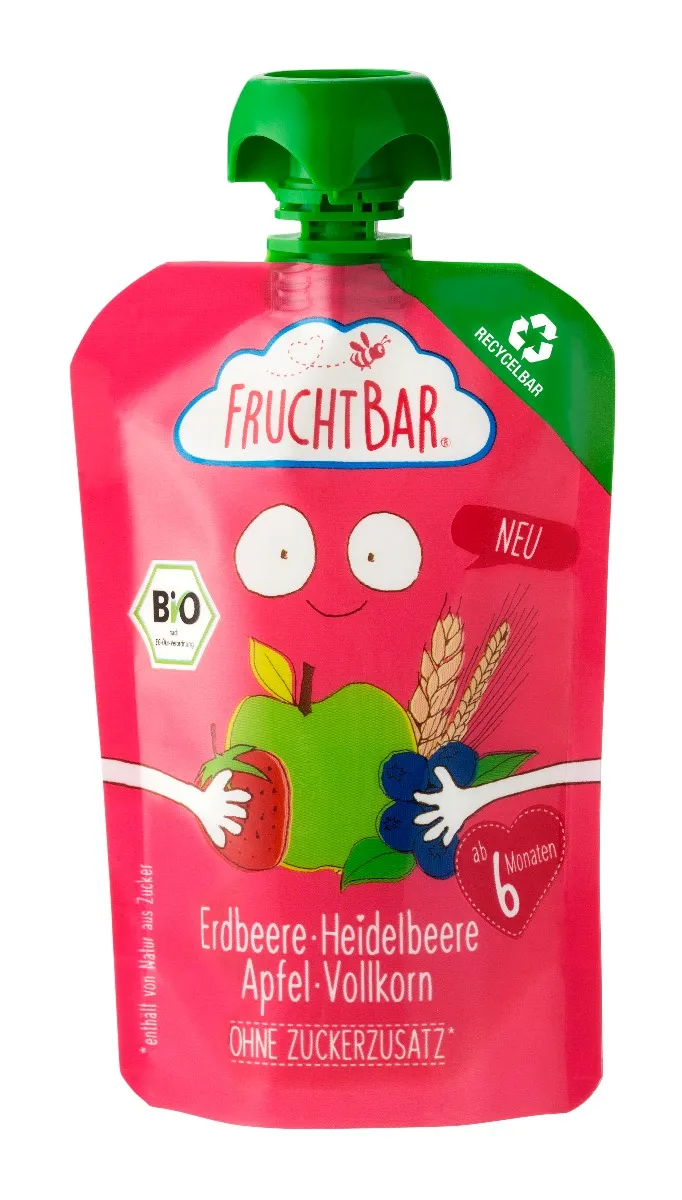 FruchtBar BIO Ovocná kapsička s jablkem, jahodou, borůvkami a špaldou 100% recyklovatelná 100 g