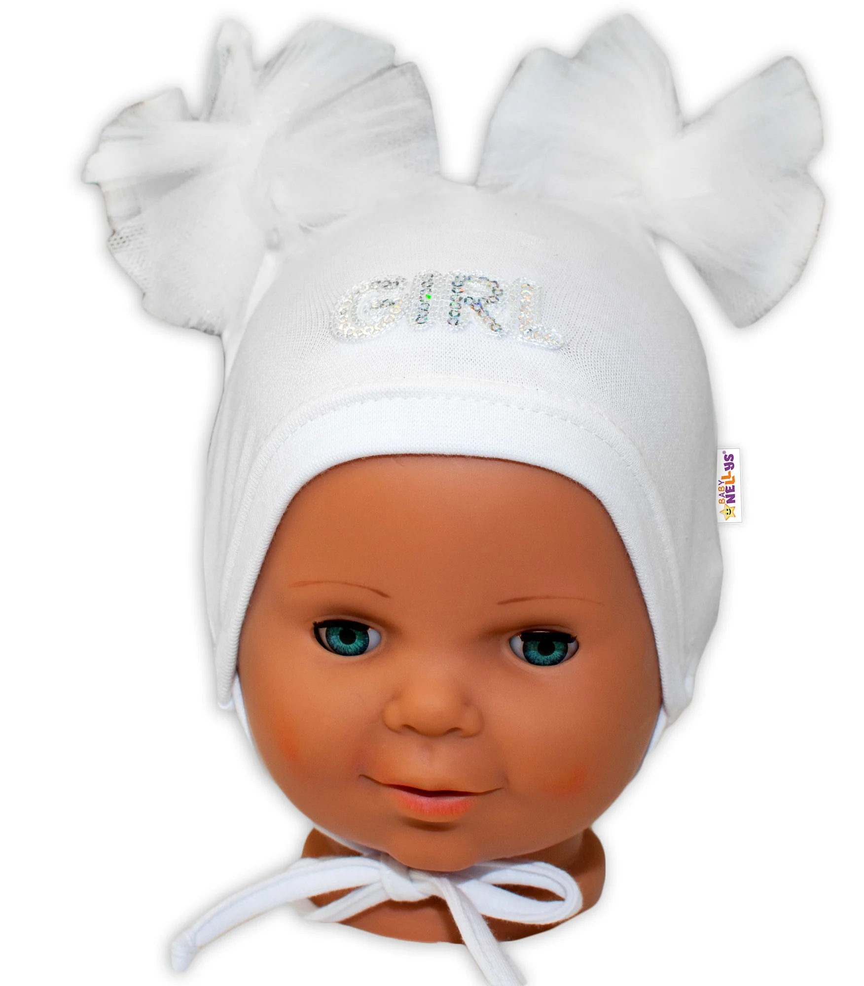 Baby Nellys Bavlněná čepička na zavazování s mašličkami Tutu - bílá, vel. 80/86