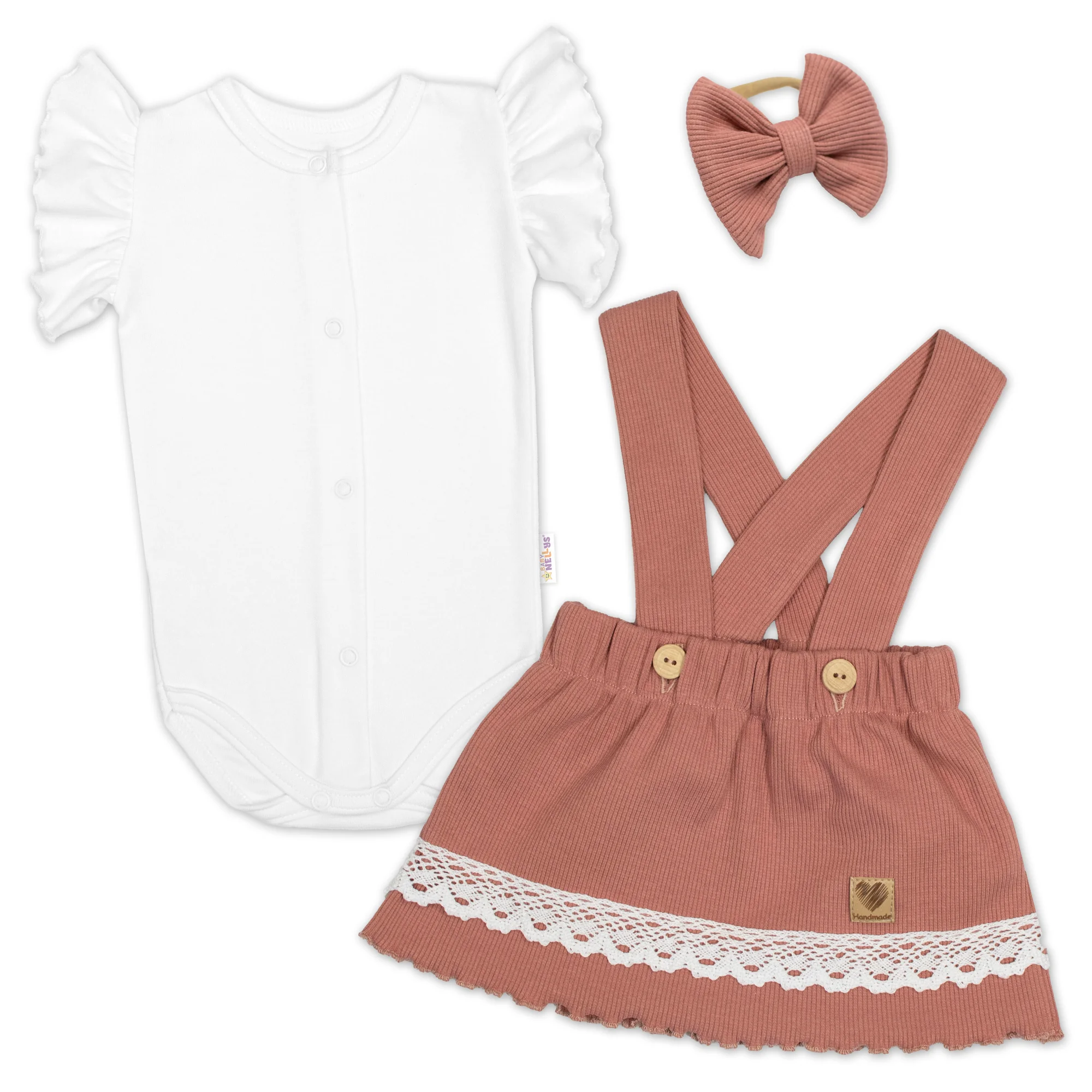 Baby Nellys 3D sada LADY, body kr. rukáv, suknička s láclem, čelenka, starorůžová/bílá, 62