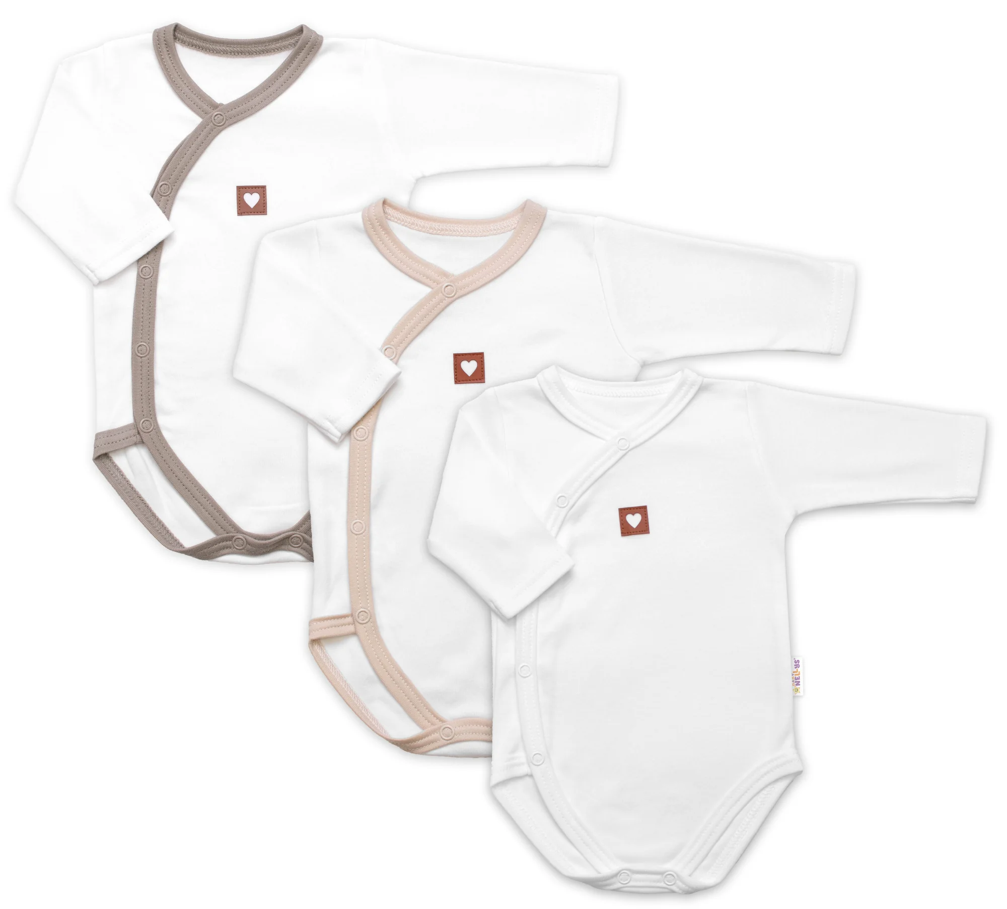 Baby Nellys Rostoucí výhodná sada, 3x Body zap. bokem Nature - béžová/taupe/bílá, vel. 56/62