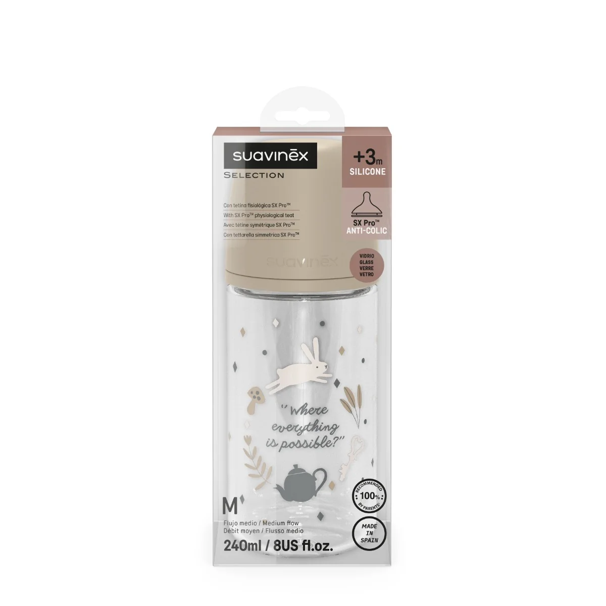 Suavinex Wonderland Skleněná láhev fyziologická SX PRO průtok M 3m+ 240 ml 1 ks krémová