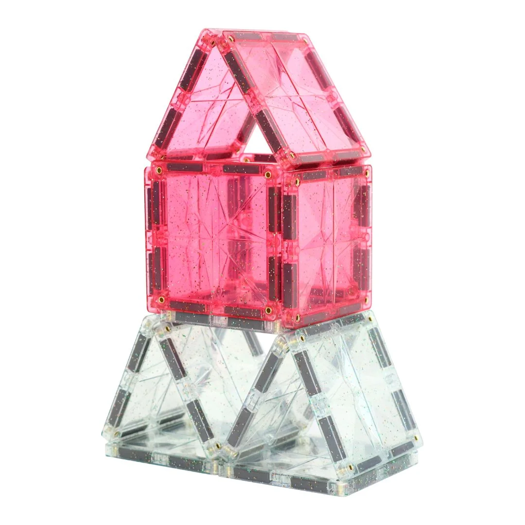 Cleverclixx Magnetická stavebnice Glitter Tiles Pack Transparent - růžové - 16 ks