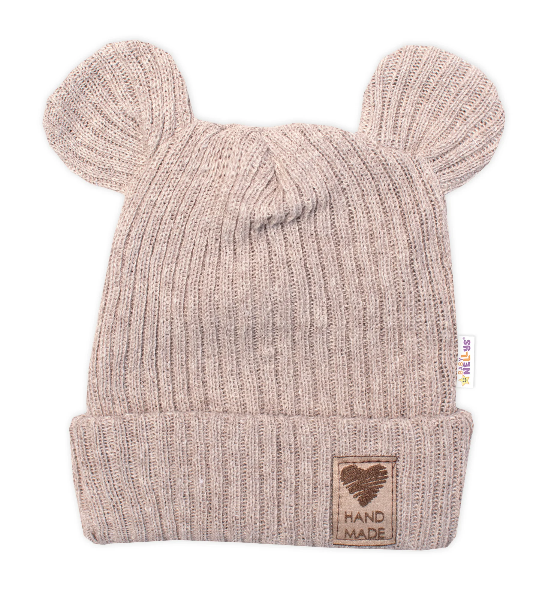 Baby Nellys Pletená bavlněná čepice s oušky, dvouvrstvá, Hand Made  béžová
