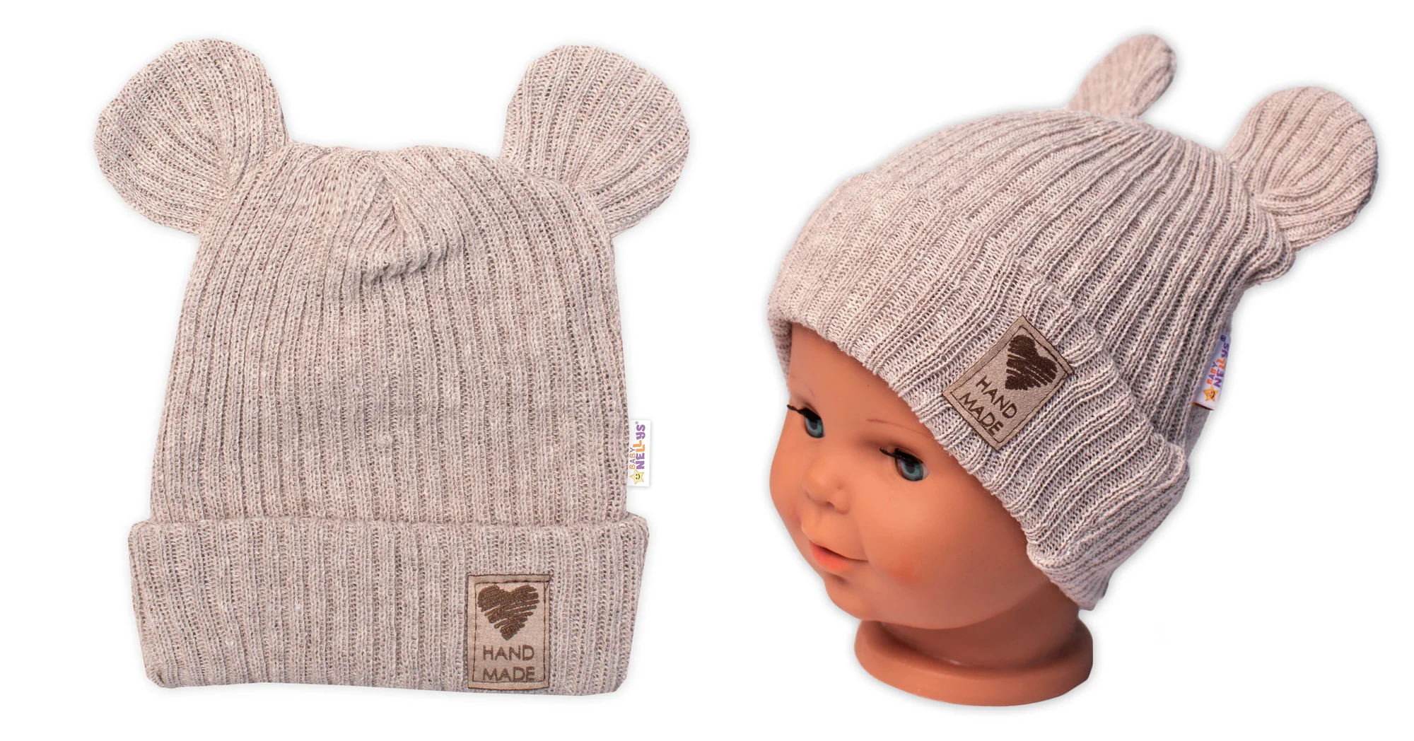 Baby Nellys Pletená bavlněná čepice s oušky, dvouvrstvá, Hand Made béžová