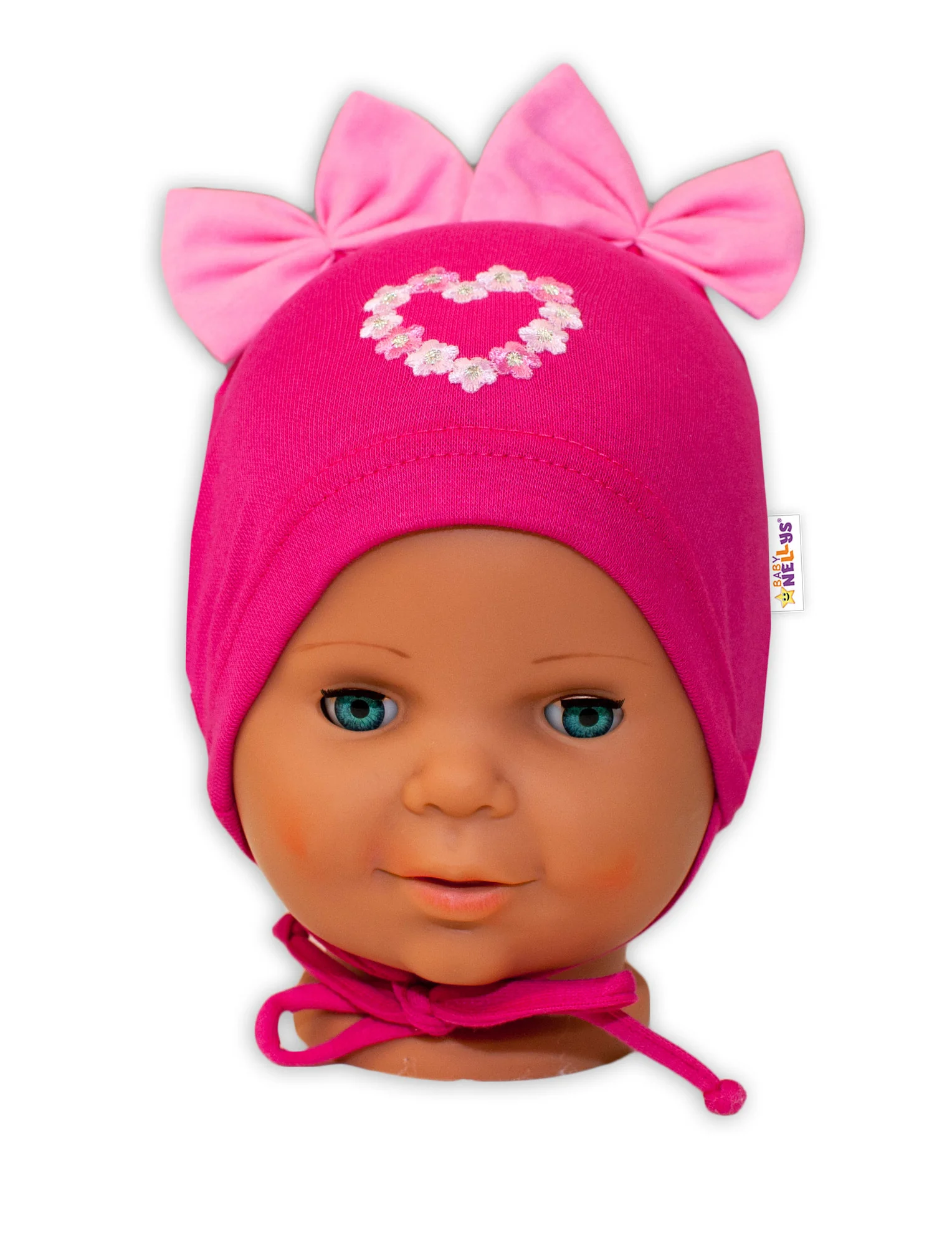 Baby Nellys Bavlněná čepička na zavazování s mašličkami Tutu - tm. růžová, 80/86