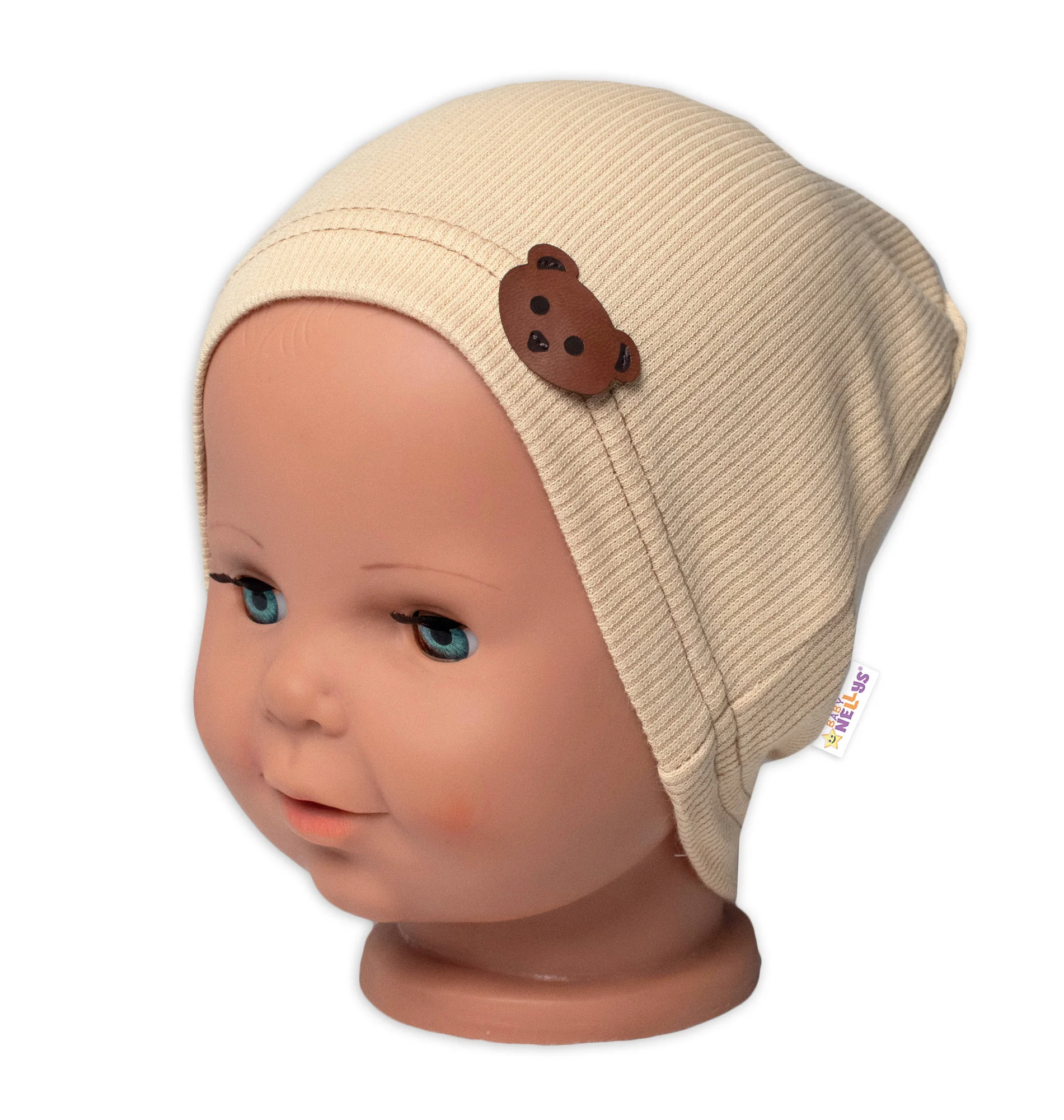 Baby Nellys Žebrovaná čepice Medvídek - béžová vel. 80/86