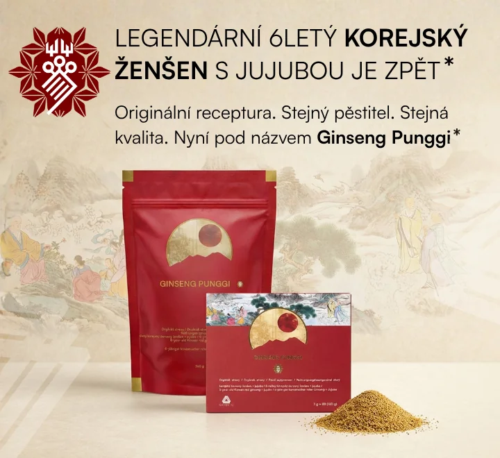 Legendární 6lety korejský ženšen s jujubou je zpět. Originální receptura. Stejný pěstitel. Stejná kvalita. Nyní pod názvem Ginseng Punggi.