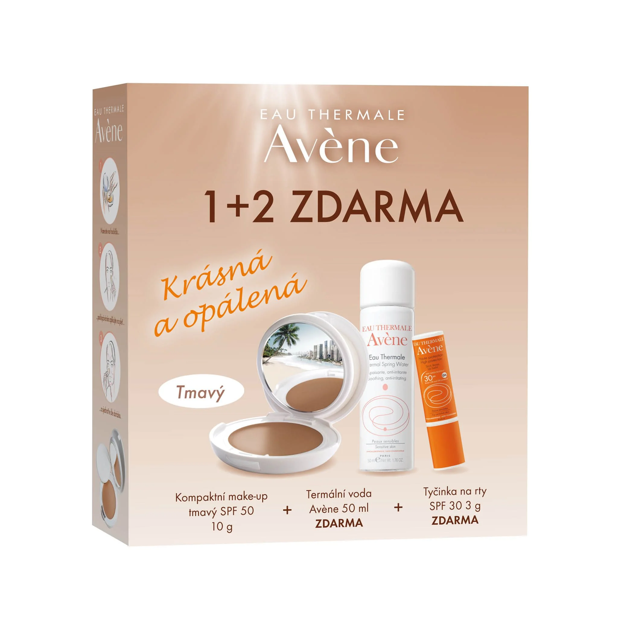 AVENE Kompaktní make-up SPF50 tmavý + Termální voda 50ml + Tyčinka na rty SPF30
