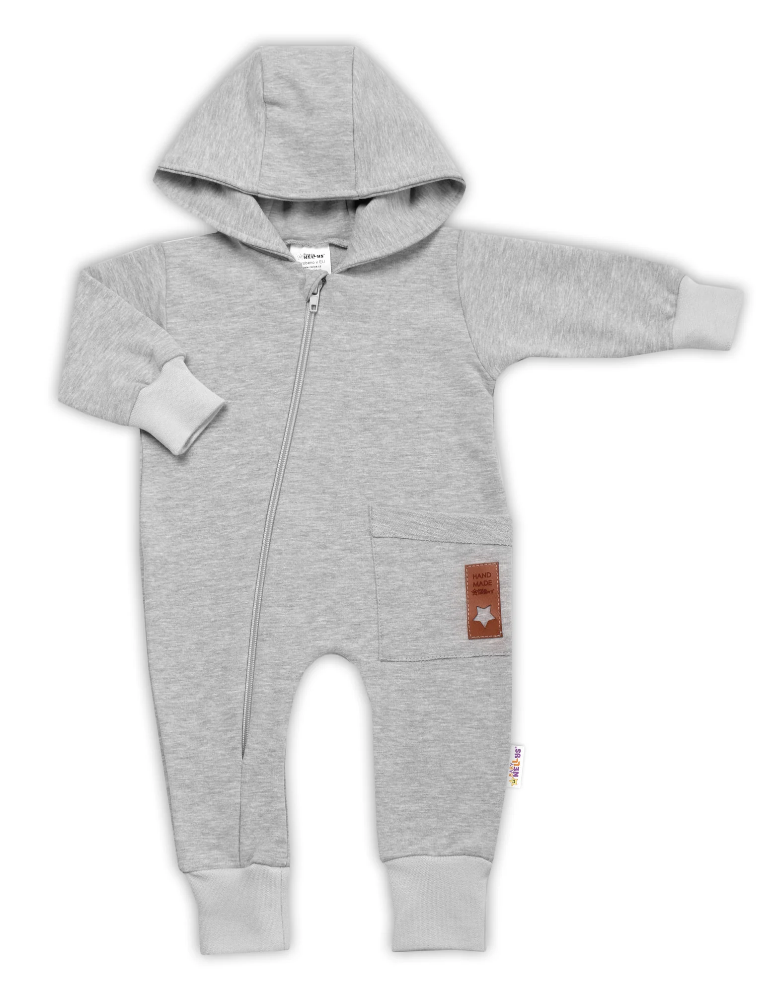 Baby Nellys Teplákový overal s kapsičkou a kapucí BOY,šedý, vel. 86