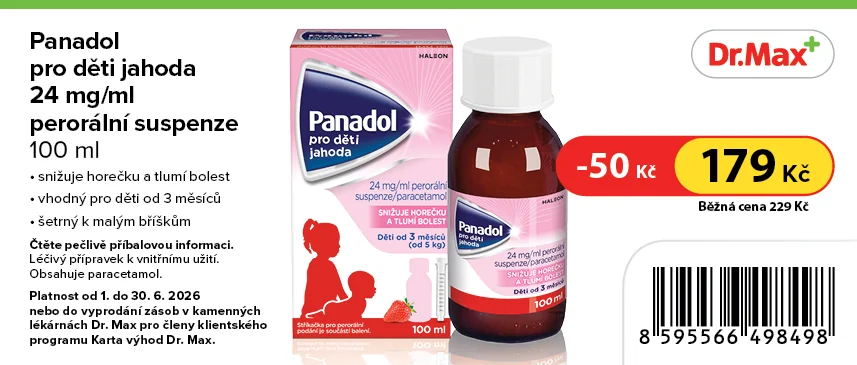 Panadol pro děti Jahoda 24 mg/ml perorální suspenze 100 ml Panadol pro děti Jahoda 24 mg/ml perorální suspenze 100 ml