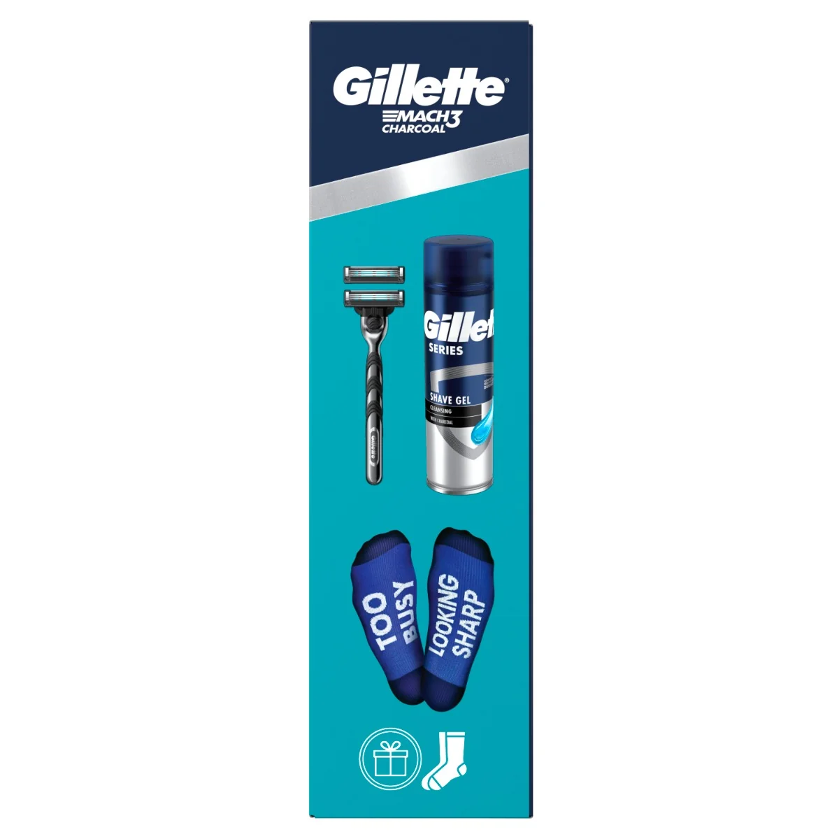 Gillette Xmass sada holicí strojek + 2 hlavice, ponožky a gel na holení 200 ml