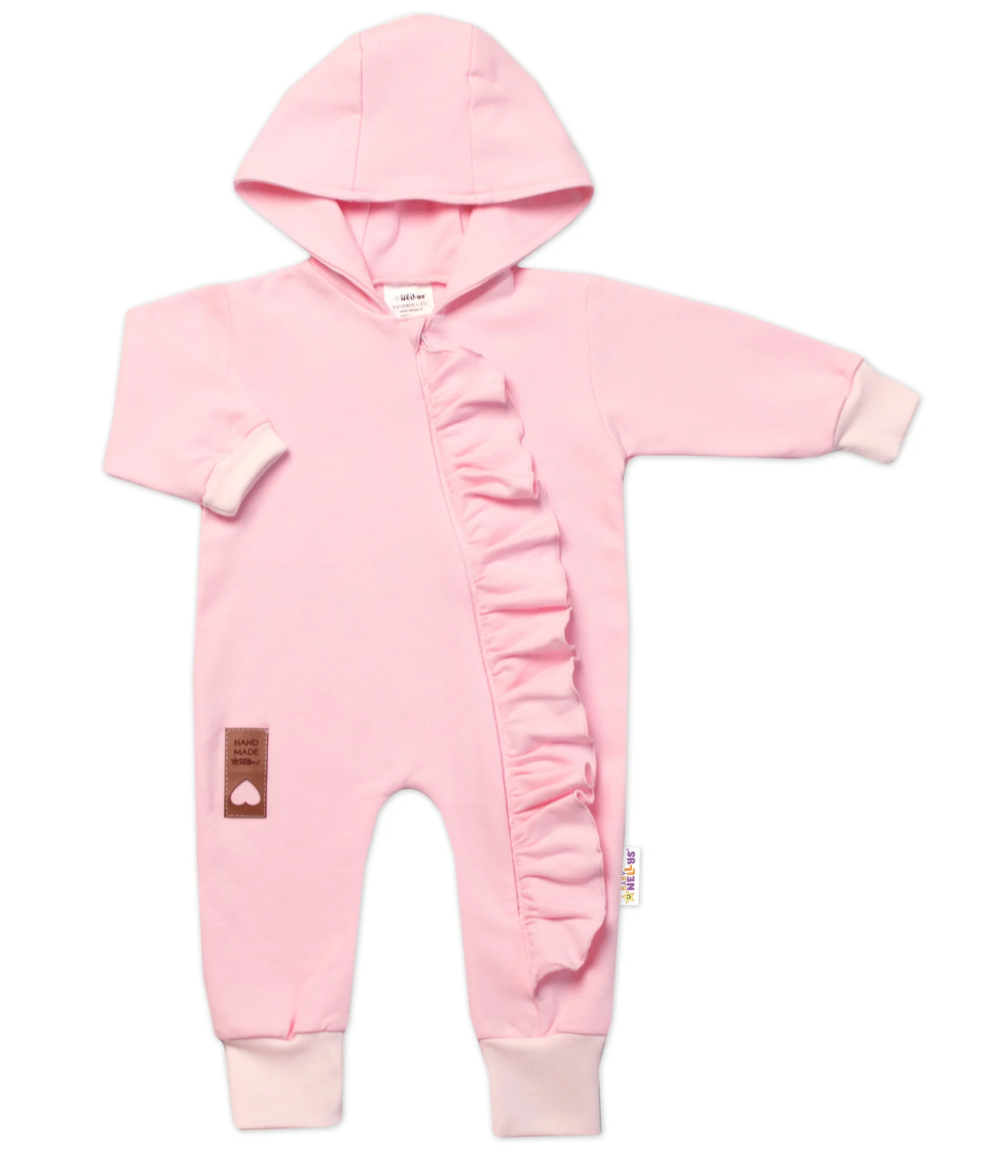 Baby Nellys Teplákový overal s volánkem a kapucí GIRL, sv. růžový, vel. 86