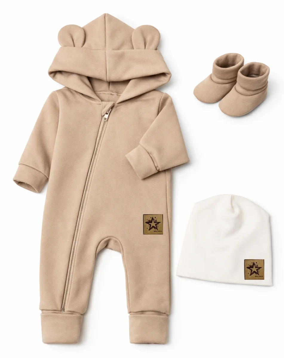 Baby Nellys Rostoucí oteplený overál s čepičkou a botičkami, 3D - béžový, vel. 68/74