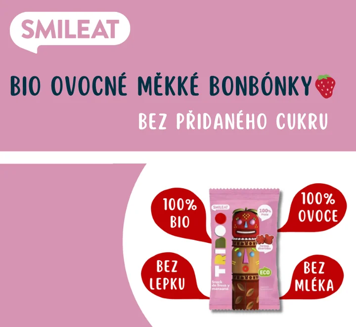 Smileat BIO 100% ovocné měkké bonbónky jablko a jahody. Bez přidaného cukru. Smileat BIO 100% ovocné měkké bonbónky jablko a jahody. Bez přidaného cukru.