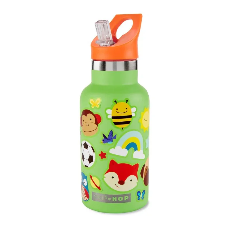 SKIP HOP Láhev s nálepkami se slámkovým náústkem nerezová zelená 380 ml, 4r+