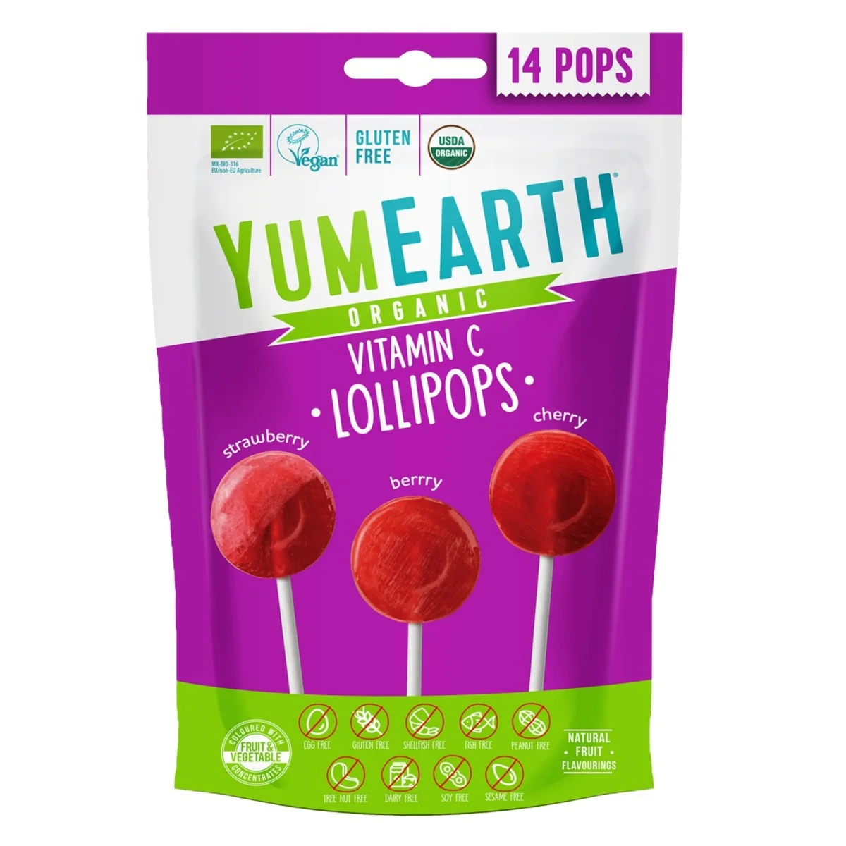 YumEarth BIO Ovocná lízátka s vitamínem C s příchutí jahody, třešně a lesních plodů 14 ks 87 g