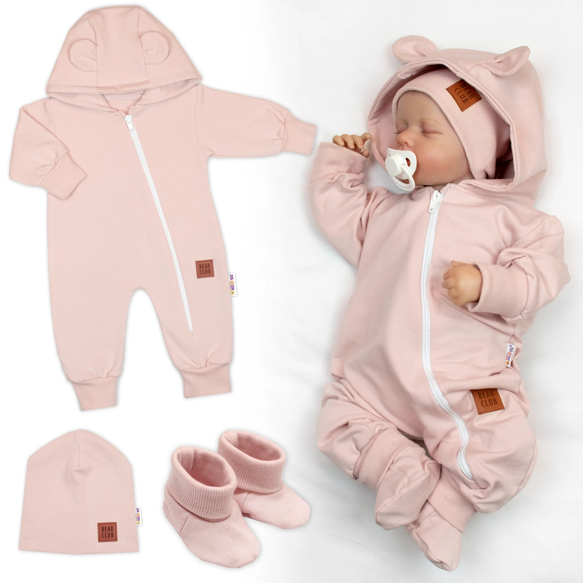 Baby Nellys Rostoucí overal pro miminko, čepice, botky, 3D, růžová,68/74