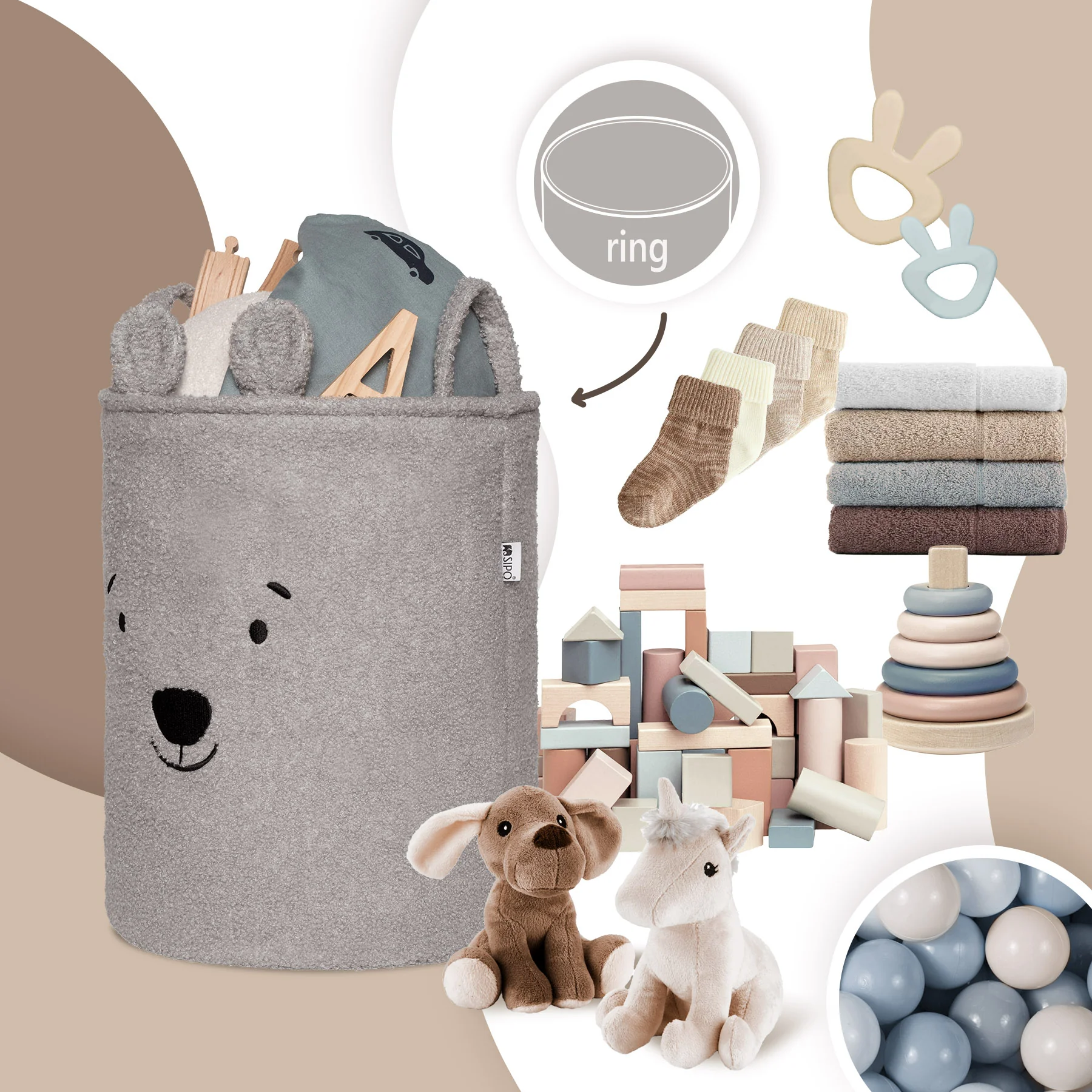 SIPO Koš na hračky Premium Bouclé se šňůrkou / 43 l, Bear (Grey)