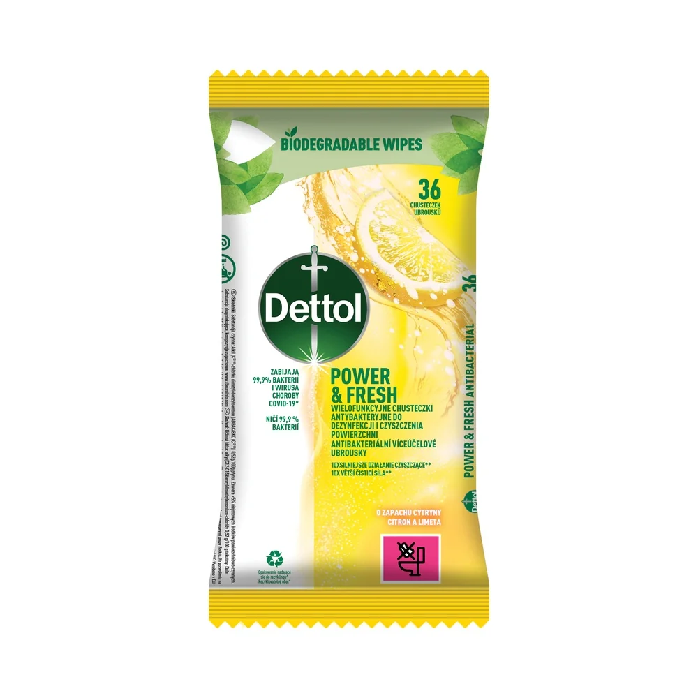 Dettol Power & Fresh antibakteriální víceúčelové ubrousky Citron a limeta 36 ks