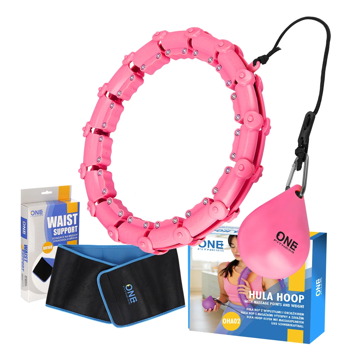 One Fitness Sada masážní hula hoop OHA02 se závažím a zeštíhlujícího pásu BR160 růžová