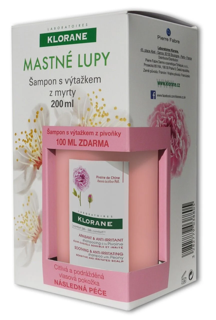 KLORANE Šampon na mastné lupy s výtažkem z myrty 200 ml + Šampon s výtažkem z pivoňky 100 ml