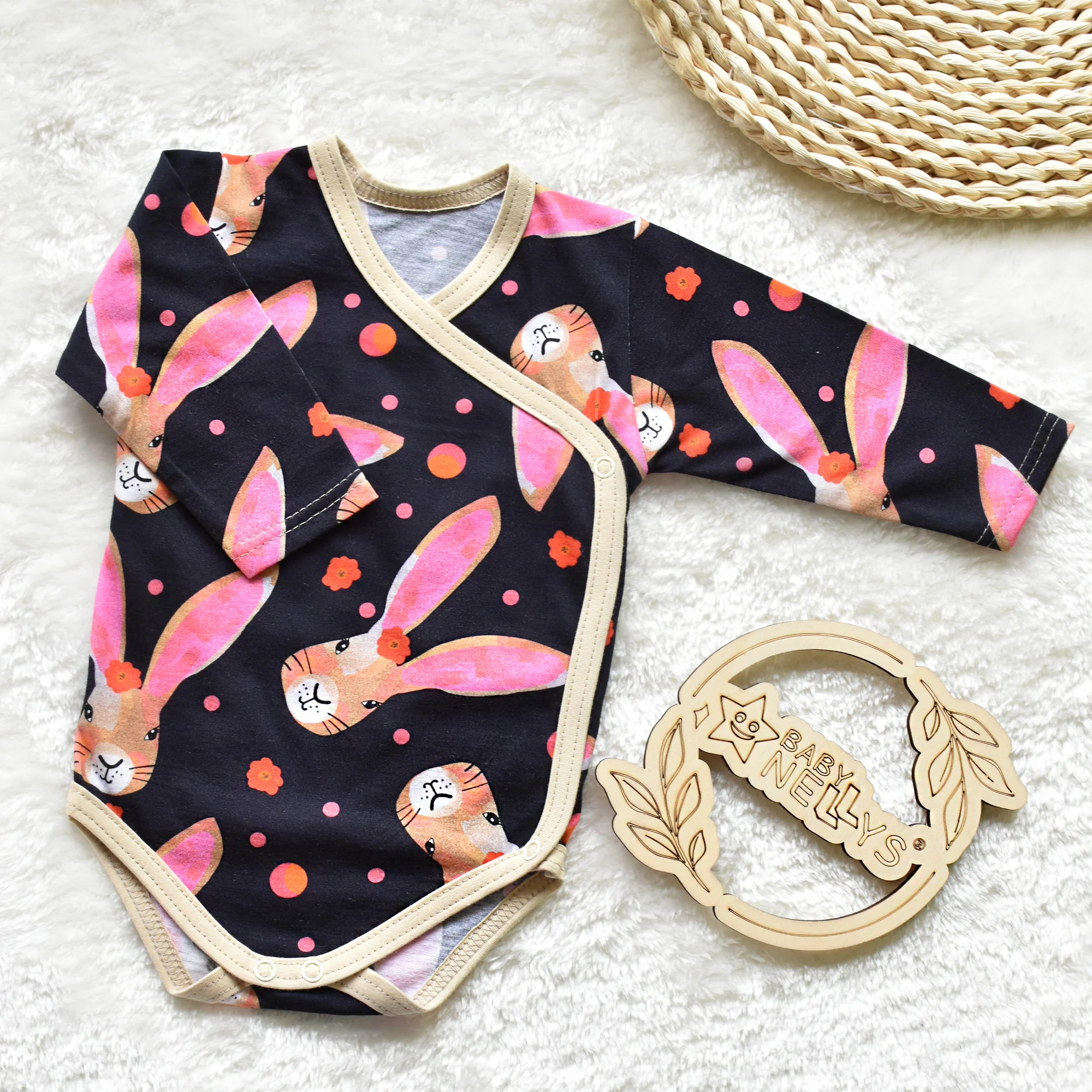Baby Nellys Zavinovací kojenecké body dl. rukáv, bavlna, Zajíček granát