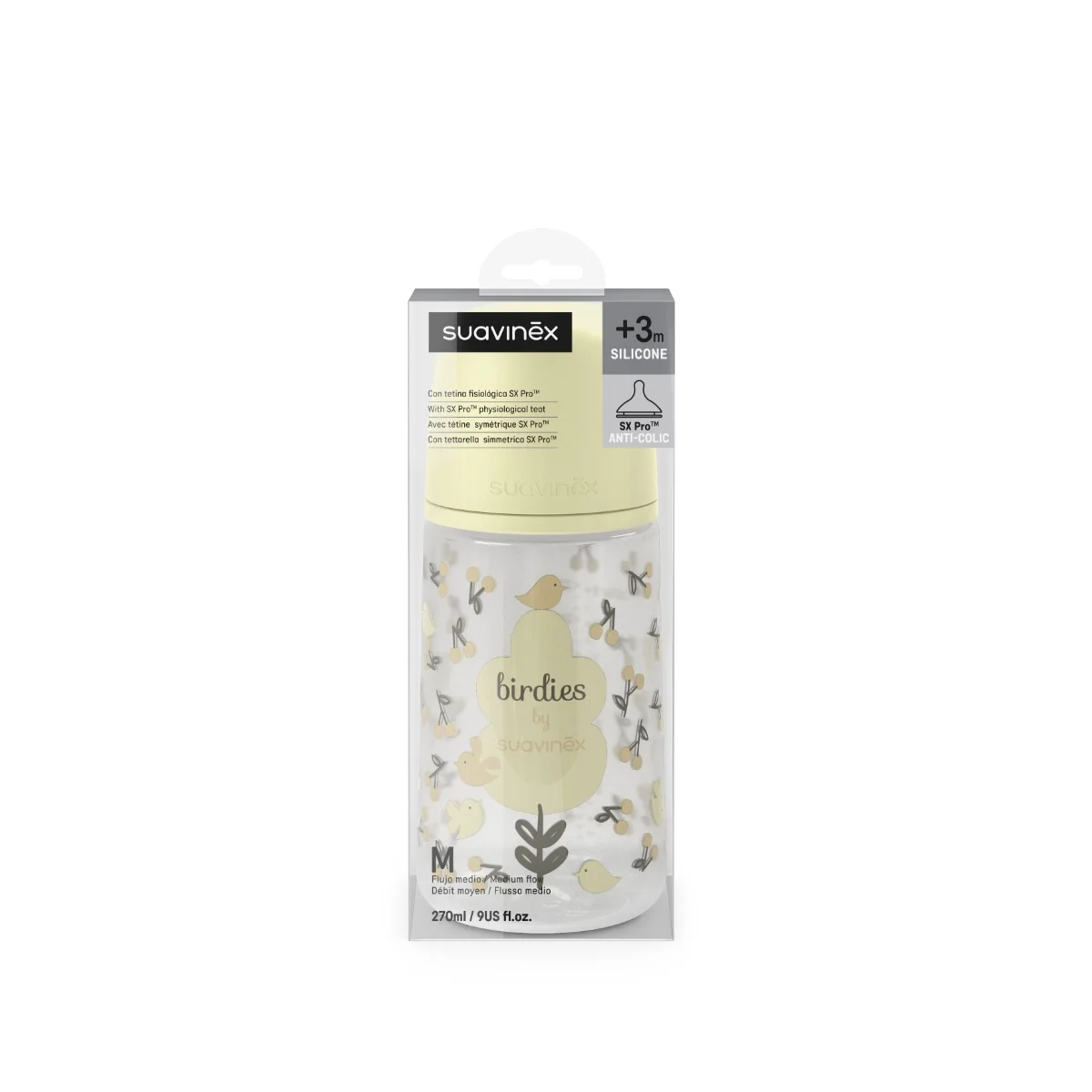 Suavinex Kojenecká láhev BIRDIES M 270 ml 1 ks žlutá