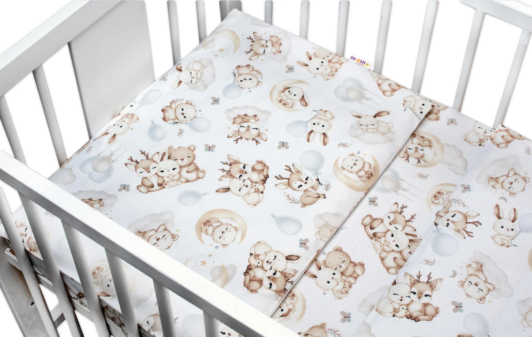 Baby Nellys Mantinel s povlečením do postýlky, 3D sada - Sny zvířátek, bílá/hnědá