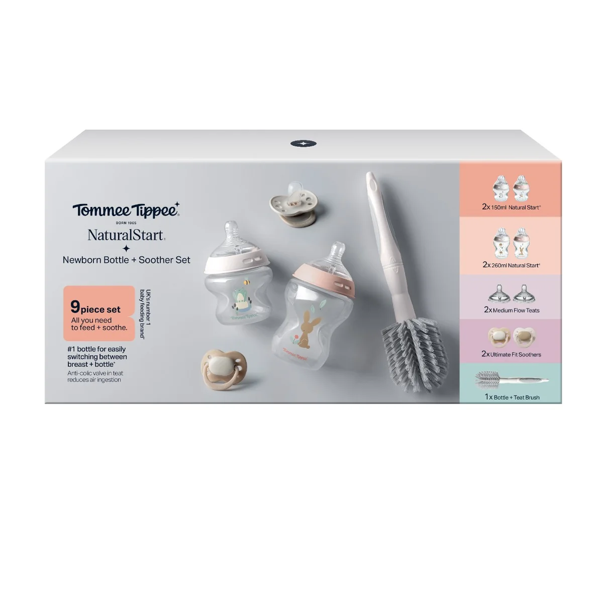 Tommee Tippee Natural Start Anti-Colic Samosterilizační lahvičky 0m+ novorozenecký starter kit 9 ks růžová