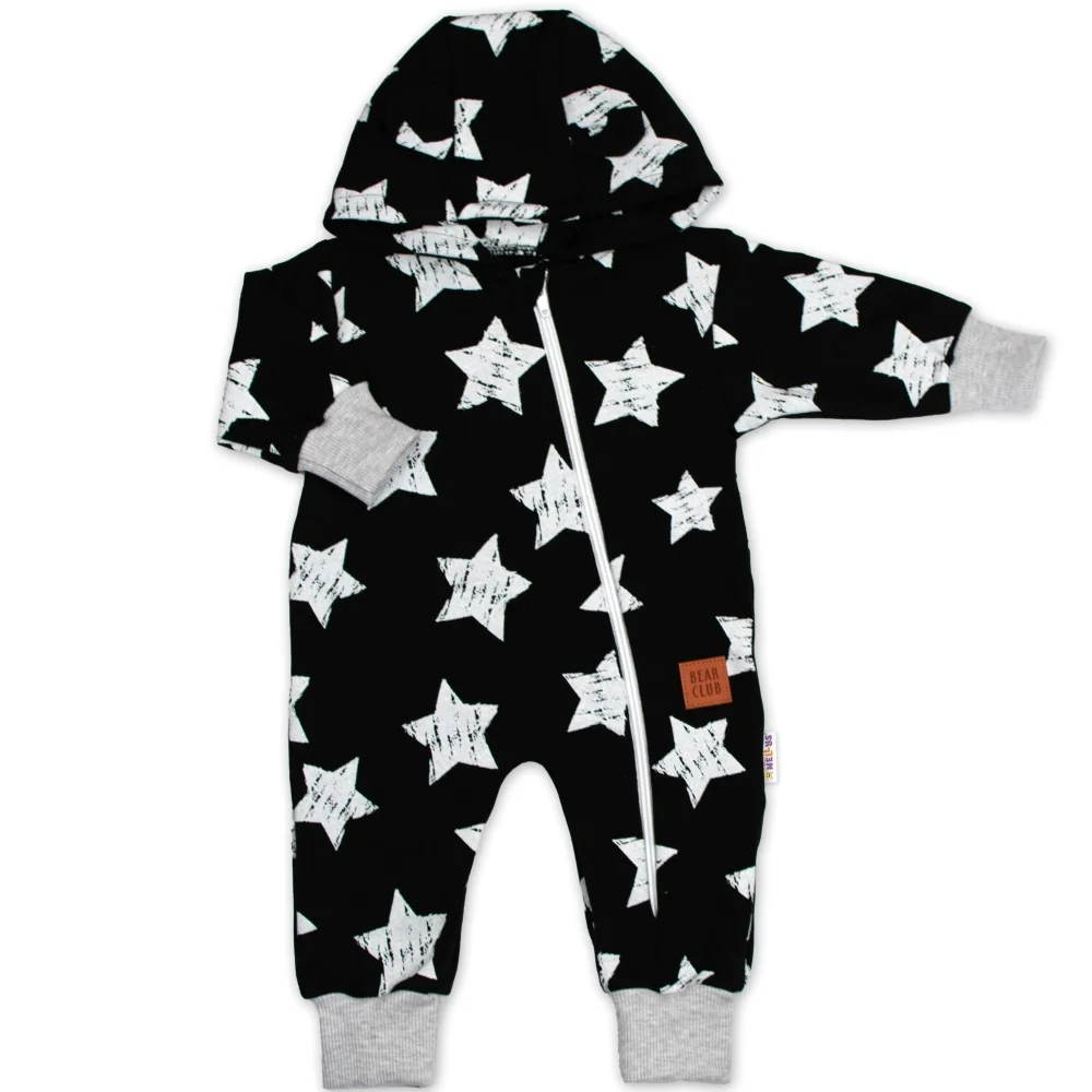 Baby Nellys Rostoucí teplákový overal, čepice, botky, 3D, Nature Star - černý, 56/62