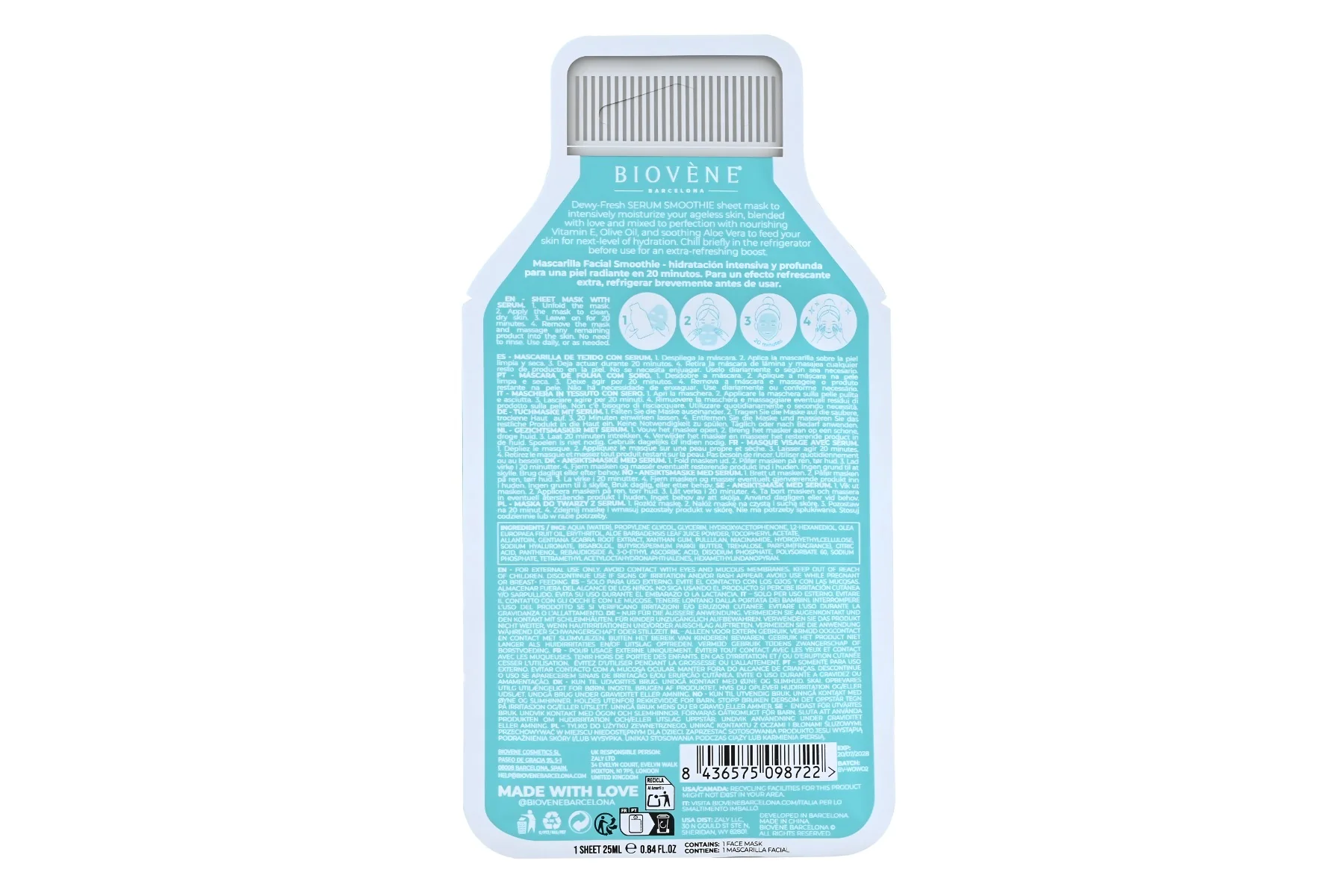BIOVÉNE Aloe Vera + Vitamin E Dewy-Fresh plátýnková maska 25 ml