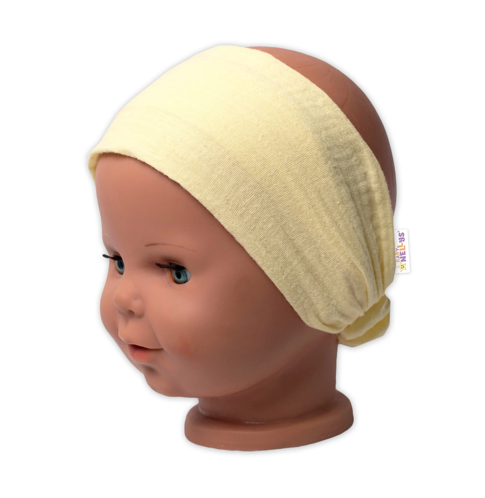 Baby Nellys Lehká mušelínová čelenka Bandana, žlutá vel. 104/110