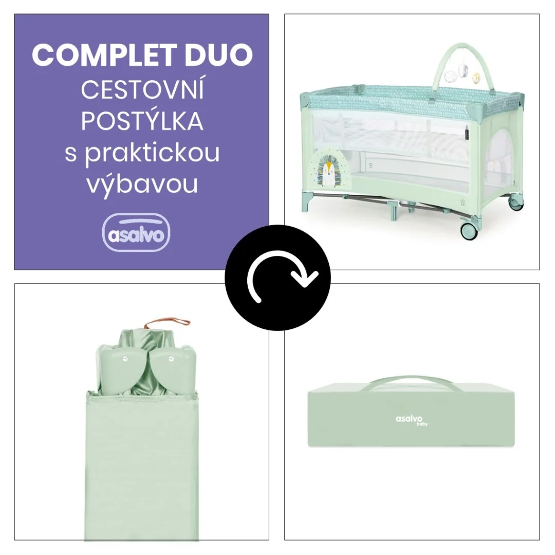 Asalvo COMPLET DUO cestovní postýlka s druhým dnem a hrazdičkou, hedgehog