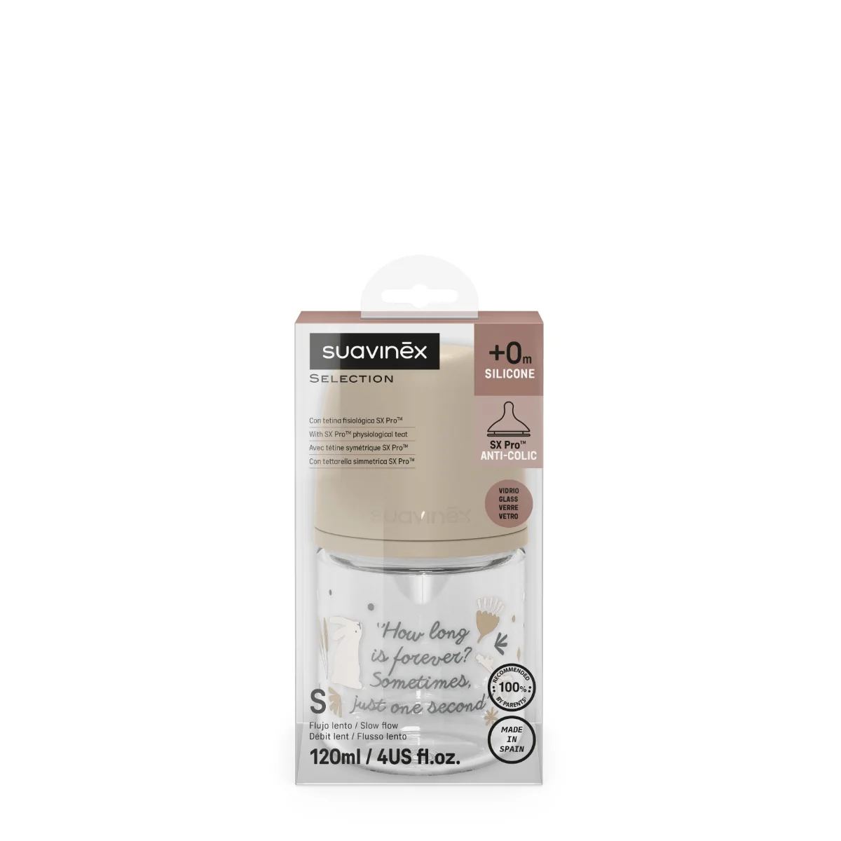 Suavinex Wonderland Skleněná láhev fyziologická SX PRO průtok S 0m+ 120 ml 1 ks krémová