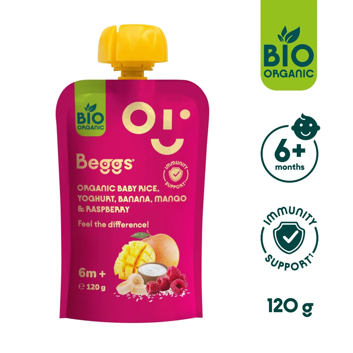 Beggs BIO Kapsička dětská rýže, jogurt, banán, mango, maliny 6m+ 120 g