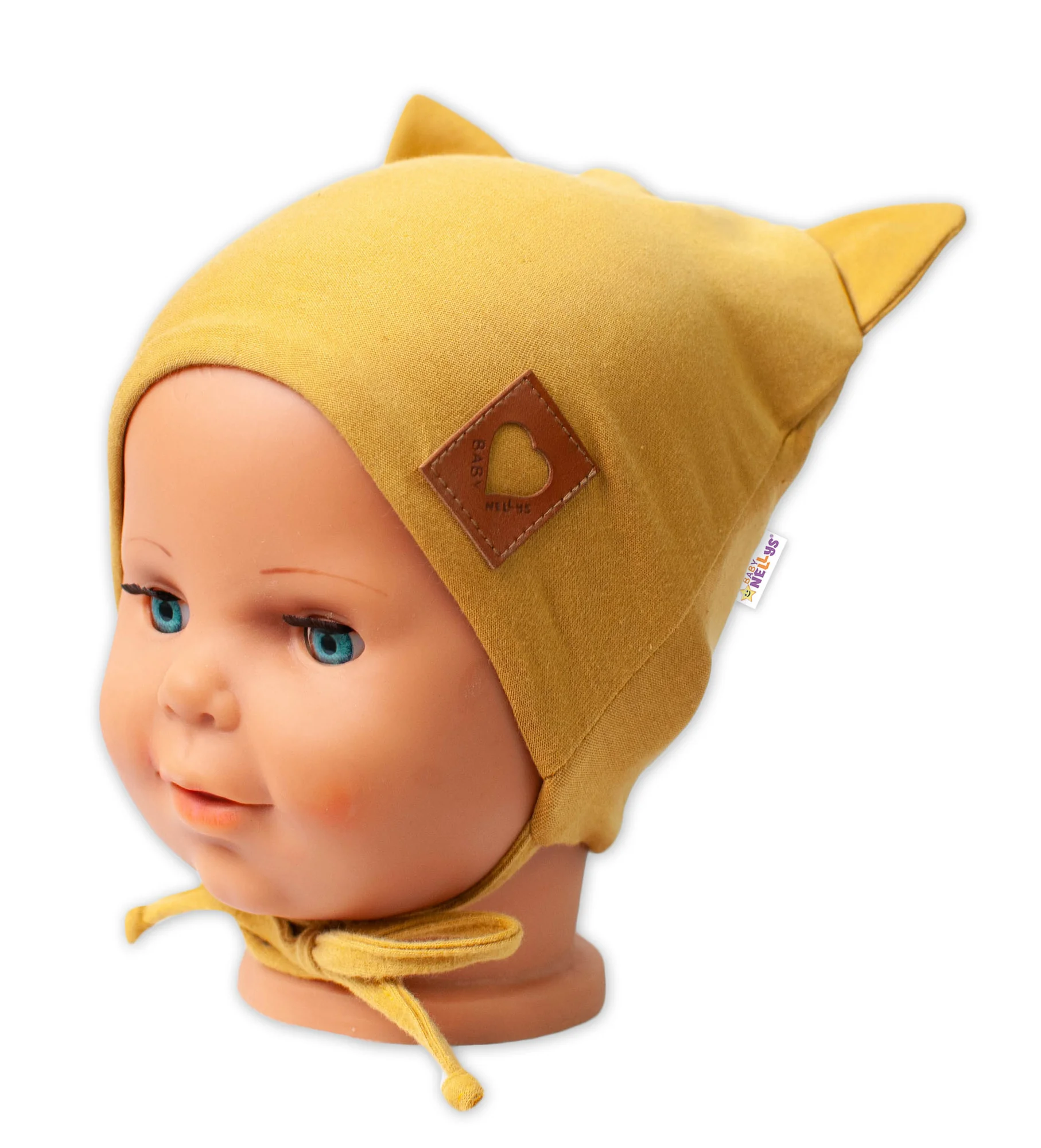 Baby Nellys Bavlněná dvouvrstvá čepice s oušky na zavazování FOX - hořčicová, vel. 68/74 vel. 68/74