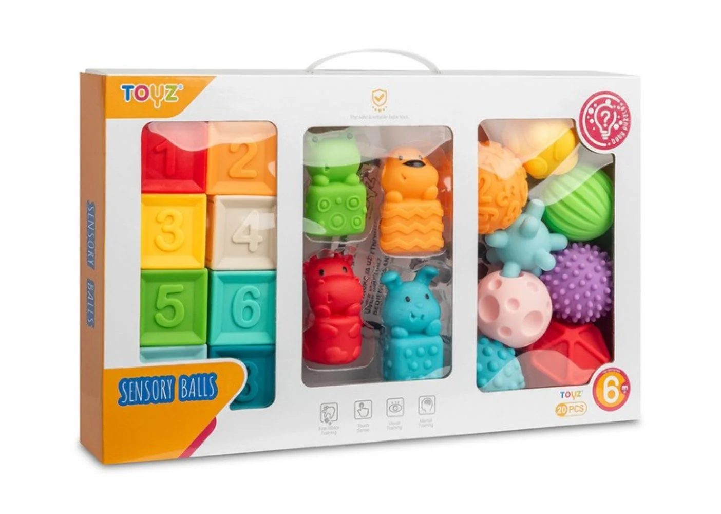 Toyz Měkké senzorické kostky 20 ks – s čísly a míčky, 6m+