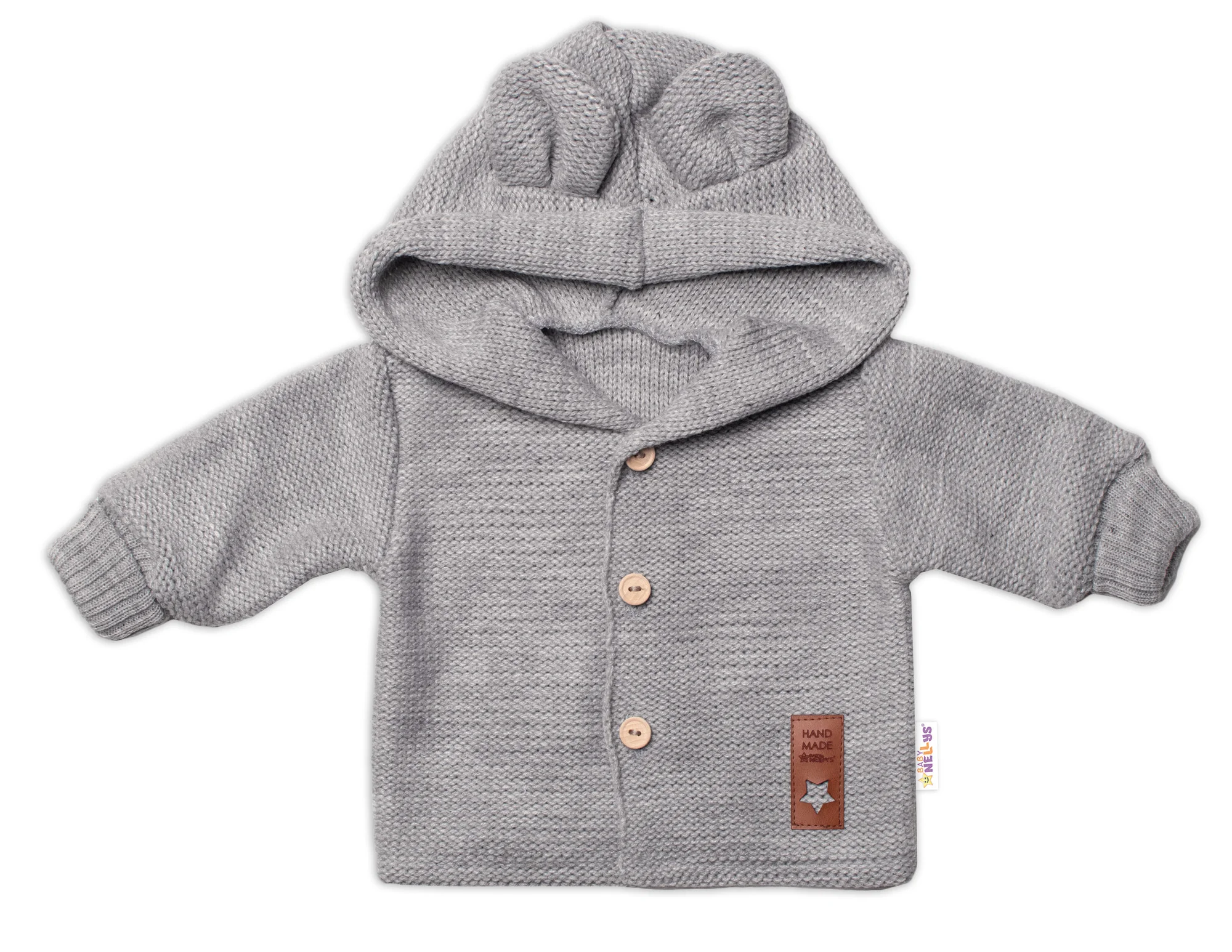 Baby Nellys Pletený svetřík s knoflíčky a kapucí s oušky, šedý,86