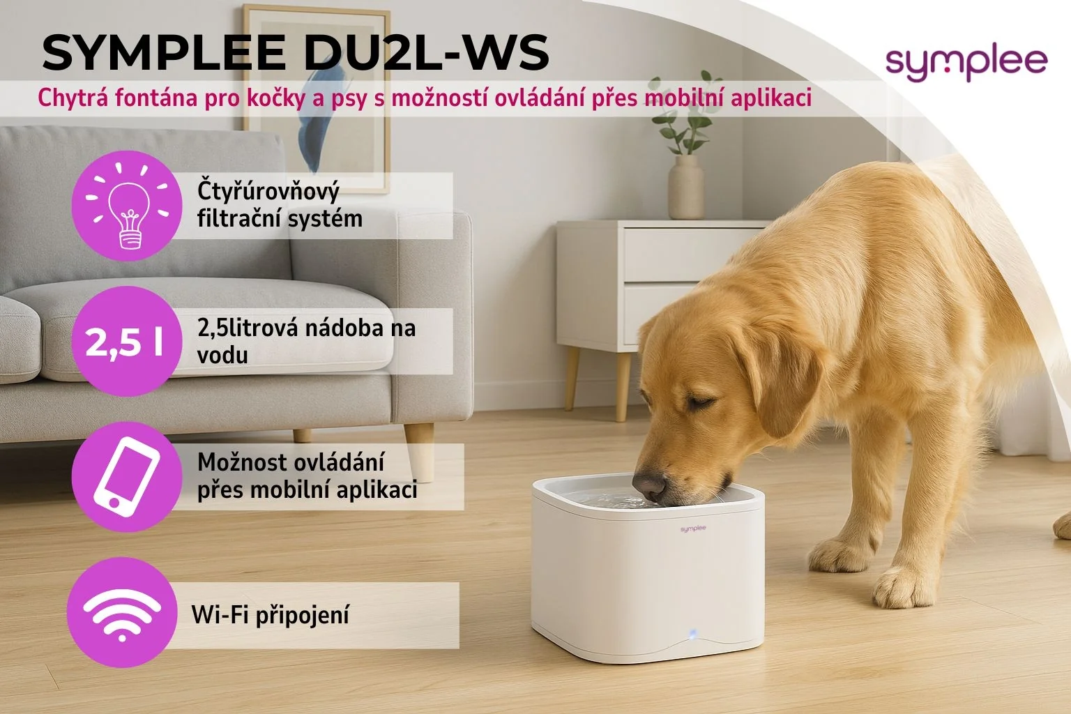 Symplee DU2L-WS chytrá fontána pro kočky a psy