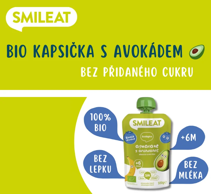Smileat BIO kapsička jablko banán avokádo a borůvky 6M+. Bez přidaného cukru.