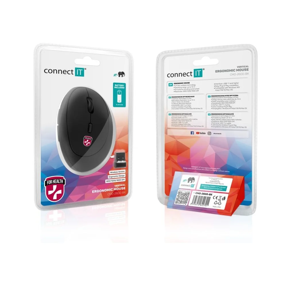 Connect IT For Health CMO-2600-BK ladies ergonomická vertikální myš