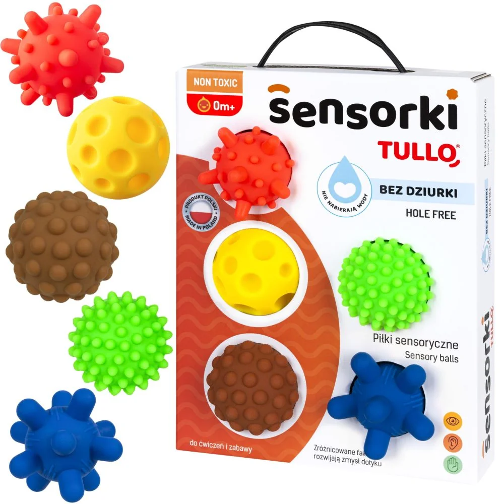 Tullo Senzorické míčky barevné 5 ks bez dírek – 59–77 mm, 0m+, mix barev