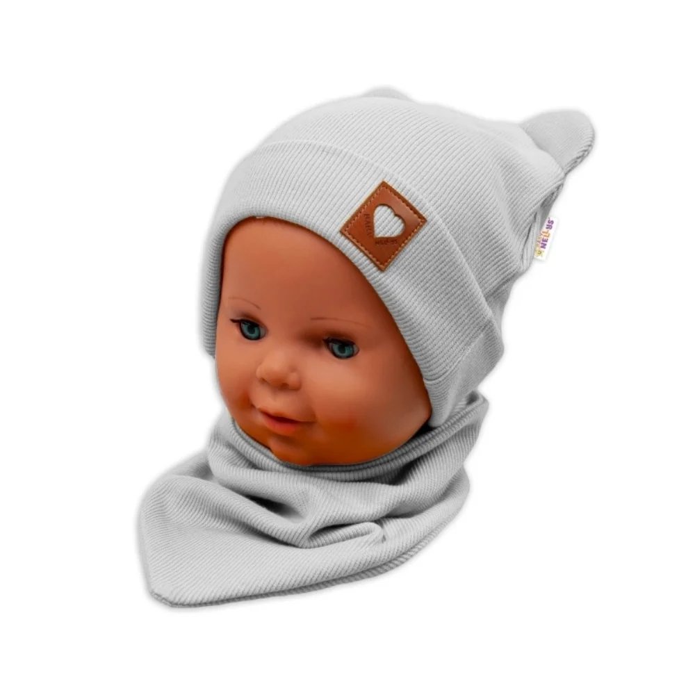 Baby Nellys Žebrovaná dvouvrstvá čepice s oušky, šátek - šedá, 56/62