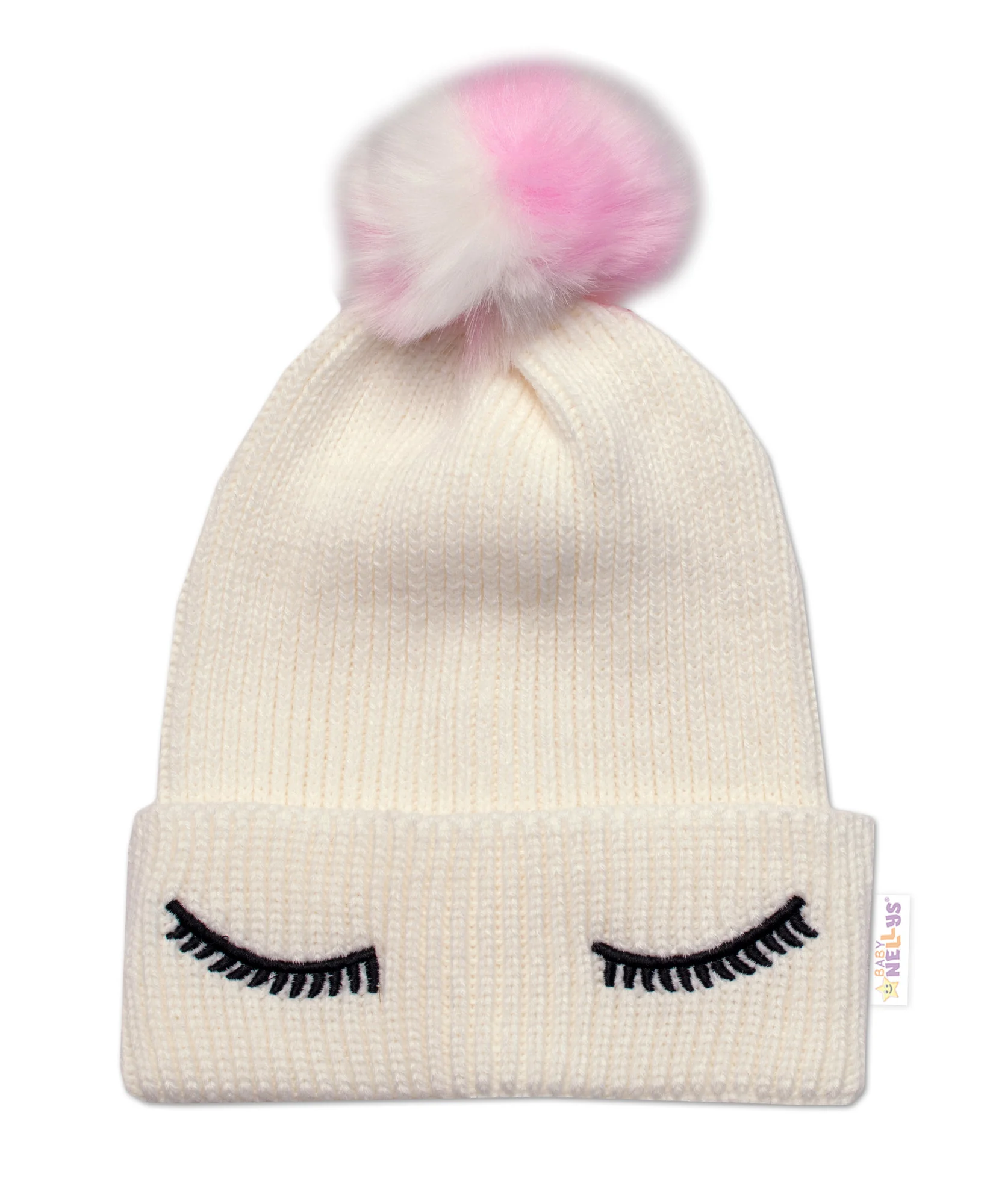 Baby Nellys Dětská zimní čepice s bambulí Eyes, bílá vel. 46-50 cm